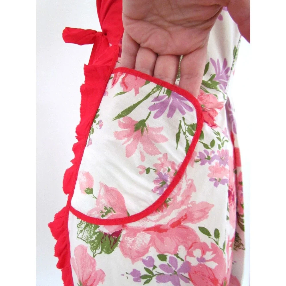 Vtg 1950s Strapless Hostess Apron Boned Floral Cotton Sweetheart Red Ruffle